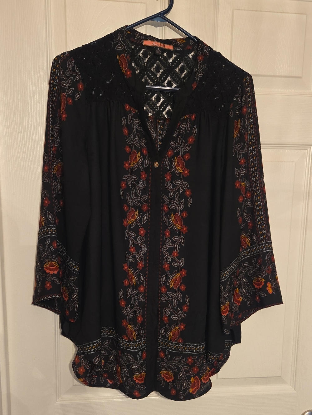 Olive Hill Boho Floral Black Button-Front Women's Top Sheer Large